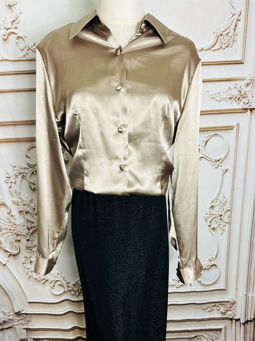 Satin Button-Down Blouse - Taupe - Picture 7 of 11